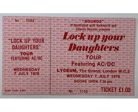 A ticket for a date on the 1976 AC/DC 'Lock Up Your Daughters' tour. Ticket is complete though has been repaired with tape.