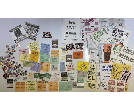 A generous collection of concert memorabilia to include: approx 65 assorted pin badges, three zines, two 7" singles, three Se