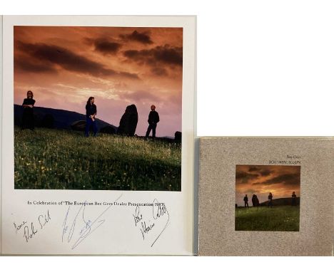 SIGNED BEE GEES PHOTO. A colour 8x10" photo signed clearly to bottom edge by Robin Gibb, Maurice Gibb, Barry Gibb. Also a pro