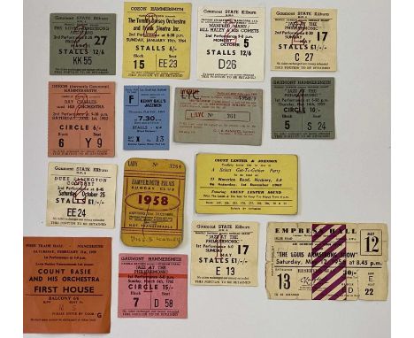 Collection of 15 assorted ticket stubs and membership cards to include: Louis Armstrong Show at Empress Hall 1956, Count Basi