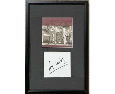 A mounted and framed display to include: 'Unforgettable Fire' CD cover signed by Bono, Adam Clayton, The Edge. Also a card si