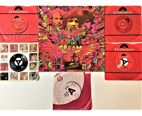 Cool bundle of 1 x LP plus 5 x 7". Titles are Cream (x3) - Disraeli Gears (UK stereo front laminated, Reaction 594003 RE - Ex