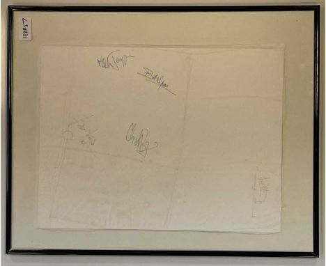 A mounted and framed silk scarf, signed by Mick, Keith, Charlie, Brian, Bill of the Rolling Stones. According to a letter of 