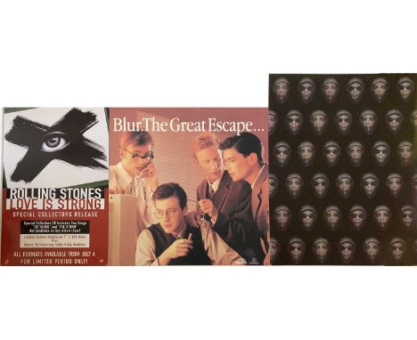 Three shop displays to inc: Rolling Stones 'Love Is Strong' (20 x 30"), Blur - The Great Escape (29.5 x 29.5") and a card Pet