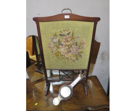 A MAHOGANY TAPESTRY FIRE SCREEN AND A SMALL BAROMETER (2)