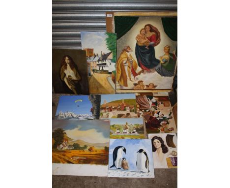A QUANTITY OF UNFRAMED OIL ON BOARD PAINTINGS TO INCLUDE PORTRAIT STUDIES AND AN ICE SKATING SCENE