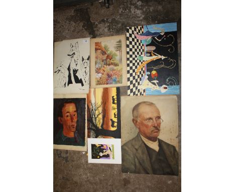 A COLLECTION OF ASSORTED UNFRAMED PICTURES TO INCLUDE AN OIL ON CANVAS PORTRAIT STUDY, WATERCOLOUR PORTRAIT, PEN AND INK DRAW