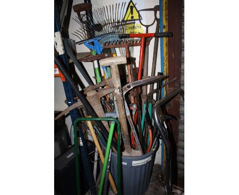 A BIN OF GARDEN TOOLS ETC