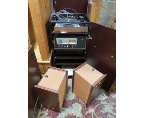 A VINTAGE THORENS TD-150 TURNTABLE TOGETHER WITH A QUAD 33 PRE AMPLIFIER HOUSED IN A WOODEN CABINET WITH A PAIR OF BESPOKE FL