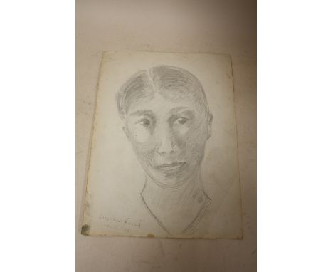 AFTER LUCIAN FREUD - A HEAD AND SHOULDER PENCIL PORTRAIT 