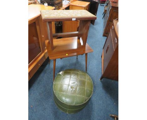 A VINTAGE TAPESTRY, STOOL, OCCASIONAL TABLE AND POUFFE (3)