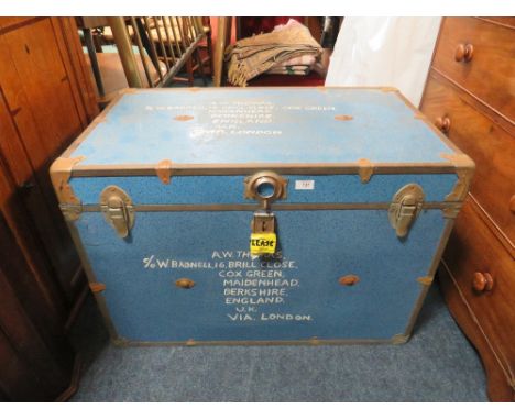 A VINTAGE BLUE PACKING TRUNK - BANDED H-61 W-88 CM
