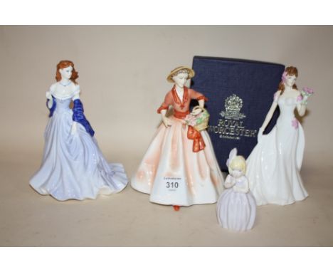 THREE ROYAL WORCESTER LADY FIGURES, SPRING, FLORAL LADIES JULY AND THE BRIDE TOGETHER WITH A BOXED ROYAL WORCESTER THE CONNOI