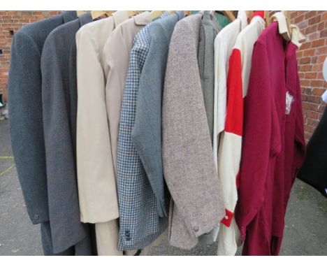 A QUANTITY OF GENTS VINTAGE CLOTHING, comprising a Burton Tailored wool / mink overcoat - 44", Burton Tailored Raincoat - 40"