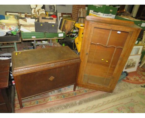 A VINTAGE WALNUT CHINA CABINET W-75 CM AND A BLANKET BOX (2)