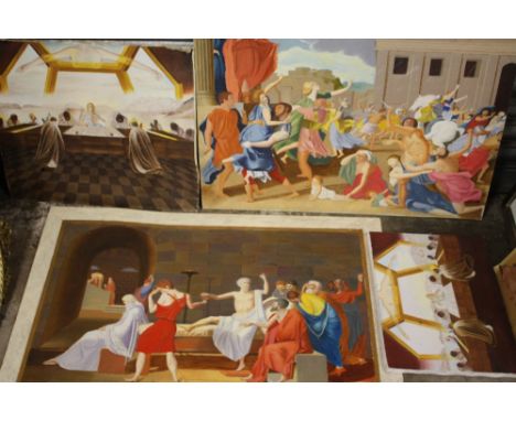 FOUR UNFRAMED OIL PAINTINGS OF HISTORICAL SCENES SIGNED  N K DAY
