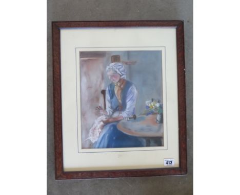 A pastel - Lady at Table Sewing - monogrammed bottom left - 39.5cm x 47cm 