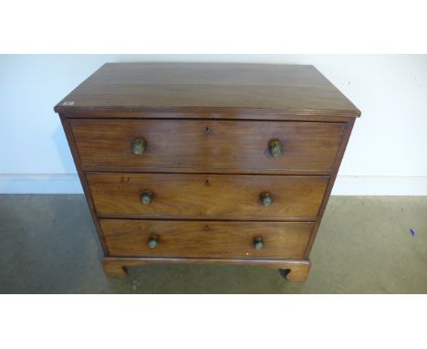 A 19th century flamed mahogany chest of three long drawers graduated raised on bracket supports - 92cm x 51cm x 85cm high 