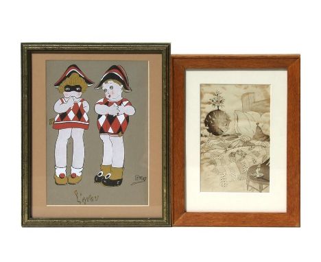 Alexis Sovesky - Le Aveu (The Confession) - hand painted over woodcut print, framed &amp; glazed, 17 by 24cms (6.75 by 9.5ins
