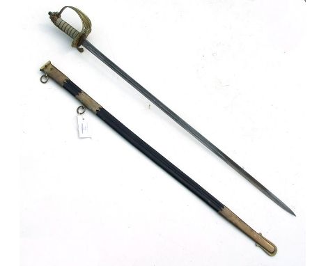 An 1834 pattern British Army Naval Officer's sword with shagreen wire bound grip, lion's head pommel, gilt brass folding / lo