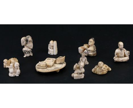 A group of Japanese ivory okimono and netsuke, the largest 5cms (2ins) high (9).