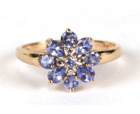 A 9ct gold cluster ring, possibly tanzanite, weight 2.5g, approx UK size 'R'.