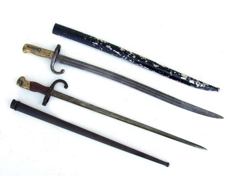 An 1886 pattern French Chassepot bayonet and scabbard; together with an 1878 French Gras bayonet and scabbard (2).