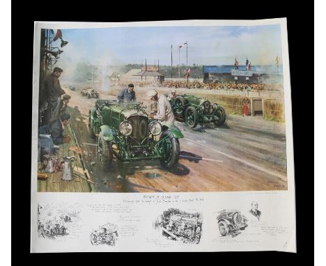 After Terence Cuneo, a coloured print, Bentleys at Le Mans 1929, 82 cm, 32 inches x 75 cm, 29 inches, unframed