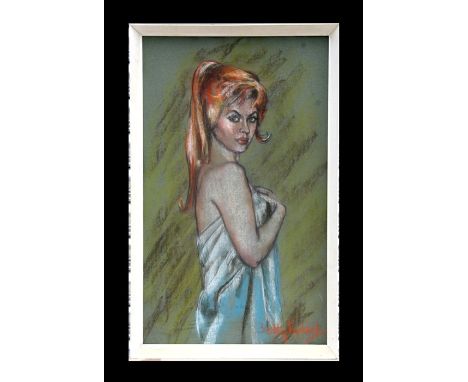 Betty Raphael - a half length portrait of a young lady in a bath towel, pastel, signed lower right, framed, 40 by 64cms (16 b