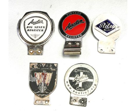 Five badge bar badges, Riley Motor Club, Austin Big 7 Register, Austin Vintage Register, Cornwall Austin 7 Club and Rover Own