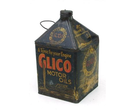 A late 1920's / early 1930's Redline Glico Motor Oils pictorial one-gallon conical oil can with original cap and carrying bal