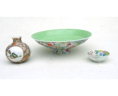 A Chinese millefiori footed bowl with four character red seal mark to the underside, 21cms (8.25ins) diameter; together with 