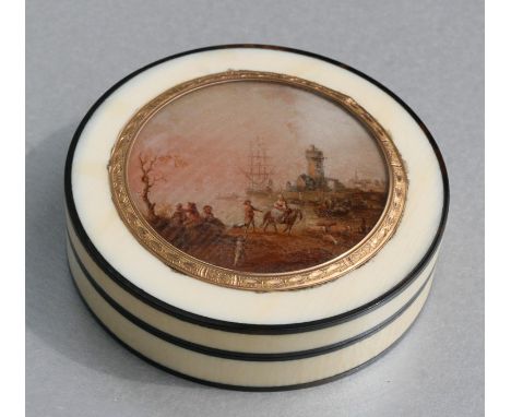 An 18th century ivory and tortoiseshell  snuff box of compressed circular form, the top with a circular miniature coastal lan