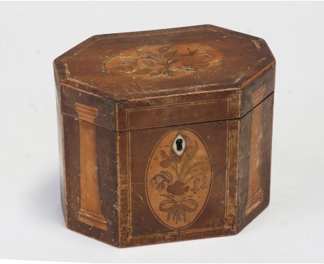A Georgian octagonal tea caddy of elongated form with marquetry panels depicting flowers to the front and lid with columns fl
