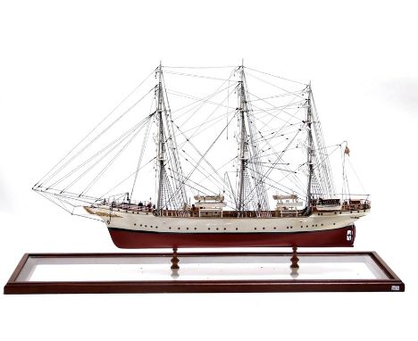 A scratch built scale model of a three-masted sailing ship 'The Danmark', approximately 86cms (34ins) long, in a Perspex disp