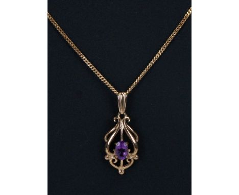 A 9ct gold amethyst set pendant on a 9ct gold chain, weight 3.7g.