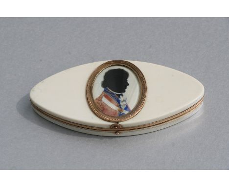 A Georgian ivory yellow metal mounted patch box of navette form, the lid set with an oval coloured portrait miniature silhoue
