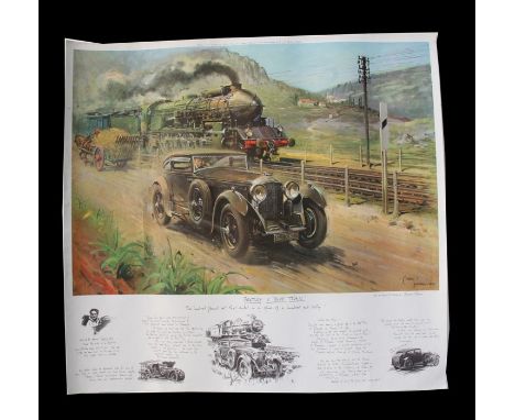 After Terence Cuneo, a coloured print, Bentley v The Blue Train ? The Hundred Pound Bet That Ended in a Fine of One Hundred a