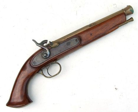 A Tower of London 18th century style flintlock pistol with walnut stock and brass barrel, approx 44cms (17.25ins) long.Condit