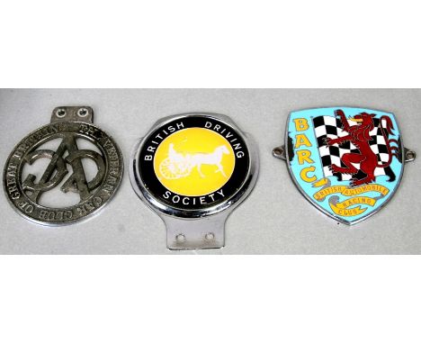 Three badge bar badges, BARC British Automobile Racing Club (Standard 1950- 1960's issue), British Driving Society and The Ve
