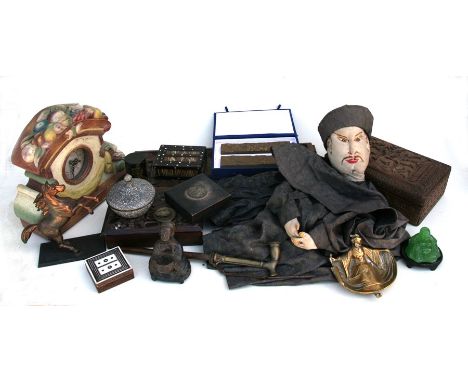 A Chinese green glass Buddha; together with a Japanese bronze ashtray; an Indian tinned copper lidded box; a Chinese doll; an