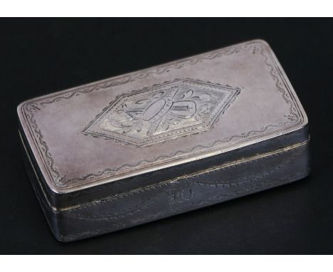 An early 19th century French silver snuff box, the lid engraved with musical instruments and the sides engraved with swags, w