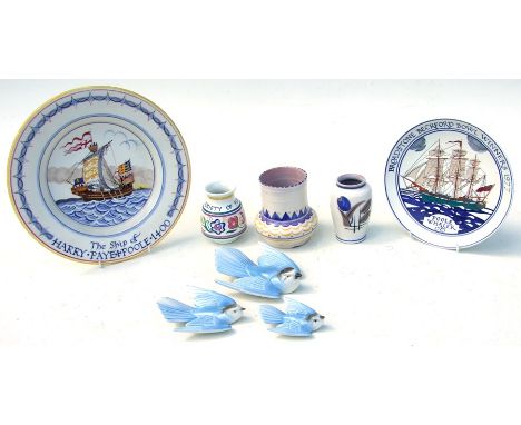 A group of three Poole Pottery graduated Bluebird wall plaques; together with a Poole Pottery Harry Paye plate; a similar sma