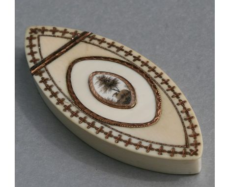 An 18th century ivory and yellow metal inlaid snuff box of navette form with central oval panel to the top depicting a sheep 