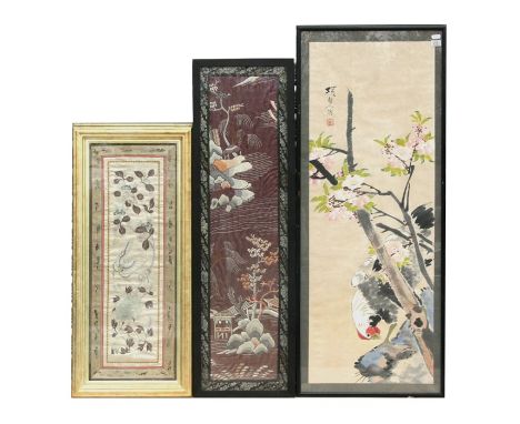 A Chinese silk embroidered panel depicting a butterfly amongst flowering foliage, 24 by 64cms (9.5 by 25.25ins); together wit