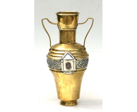 An Arts &amp; Crafts copper and white metal two-handled vase set with an oval amethyst coloured stone, 32cms (12.5ins) high.