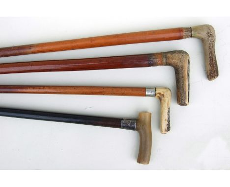 Three antler handled walking sticks; together with a silver mounted horn handled walking stick (4).