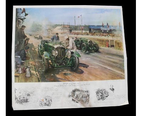 After Terence Cuneo, a coloured print, Bentleys at Le Mans 1929, 82 cm, 32 inches x 75 cms, 29 inches, unframed
