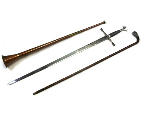 A copper hunting horn; together with a silver mounted walking stick; and a reproduction sword (3).Condition ReportHorn - 87cm