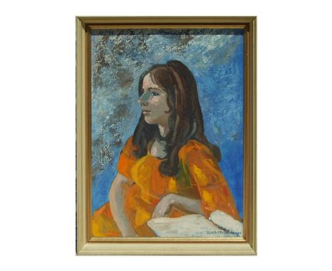 Sylvia Chrichton (nee Salisbury) - Portrait of a Young Girl Wearing an Orange Dress - signed and dated 1968 lower right, oil 